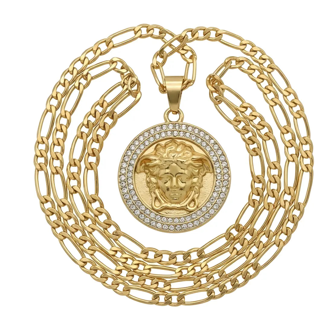 18K Gold Filled Greek Medusa Head Pendant Necklace with CZ Diamonds – Figaro Chain Medallion